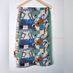 ZazouLuxe Artistic 100% Silk Multicolor Scarf with Green and Blue Accents Music